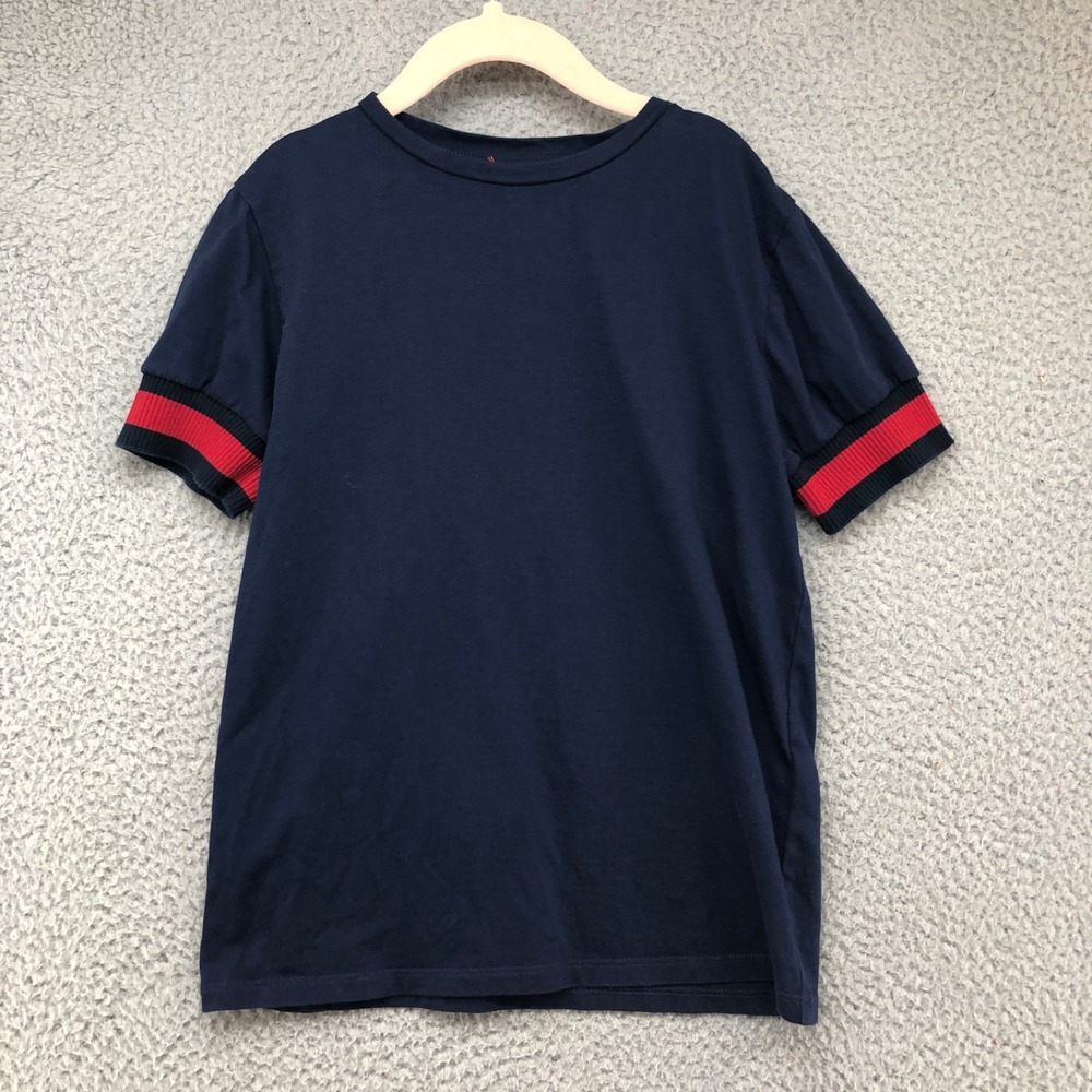 Gucci T-Shirt Girls 10 Kids Navy Blue Red Web Stripe Cuff Short‎ Sleeve Italy